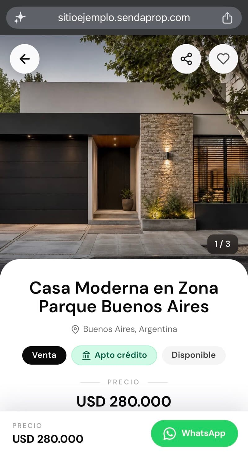 Vista móvil del sitio inmobiliario de ejemplo creado con Senda