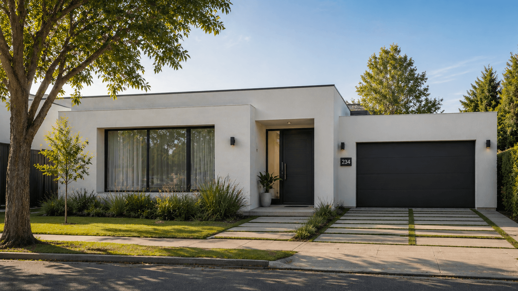 Fachada de una casa moderna publicada en una web inmobiliaria