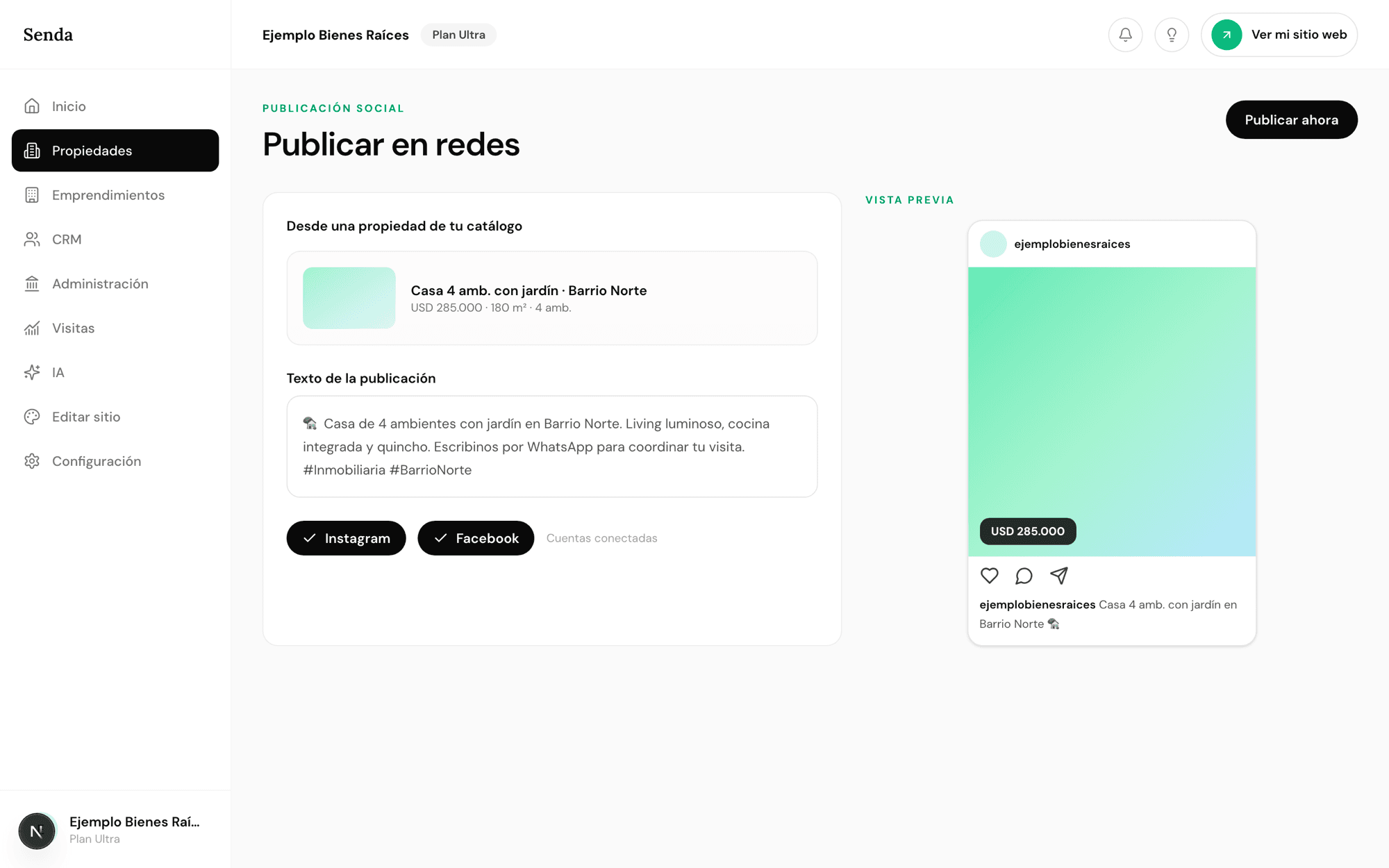 Editor de publicaciones para redes sociales con vista previa en Senda
