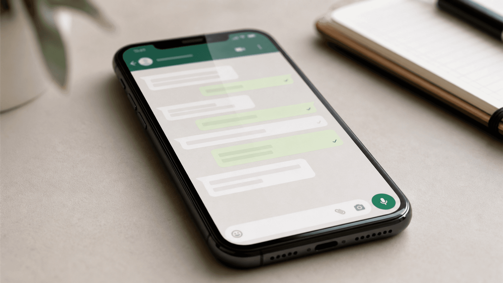 Teléfono con una conversación de mensajería abierta sobre un escritorio